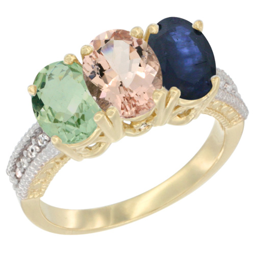 14K Yellow Gold Natural Green Amethyst, Morganite & Blue Sapphire Ring 3-Stone 7x5 mm Oval Diamond Accent, sizes 5 - 10