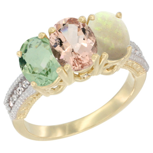 10K Yellow Gold Diamond Natural Green Amethyst, Morganite & Opal Ring 3-Stone Oval 7x5 mm, sizes 5 - 10
