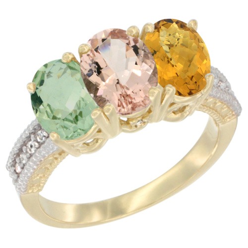 10K Yellow Gold Diamond Natural Green Amethyst, Morganite & Whisky Quartz Ring 3-Stone Oval 7x5 mm, sizes 5 - 10