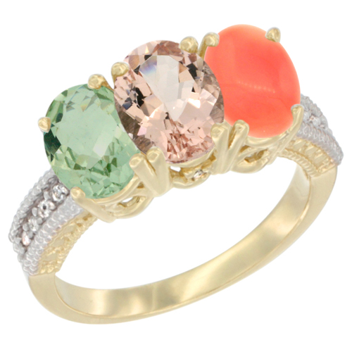 10K Yellow Gold Diamond Natural Green Amethyst, Morganite & Coral Ring 3-Stone Oval 7x5 mm, sizes 5 - 10