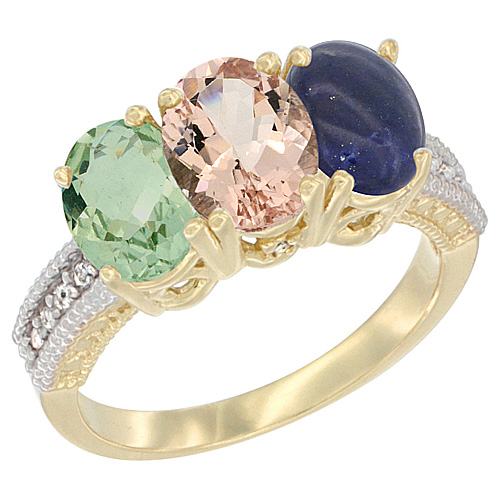 10K Yellow Gold Diamond Natural Green Amethyst, Morganite & Lapis Ring 3-Stone Oval 7x5 mm, sizes 5 - 10