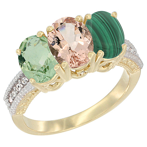 10K Yellow Gold Diamond Natural Green Amethyst, Morganite & Malachite Ring 3-Stone Oval 7x5 mm, sizes 5 - 10