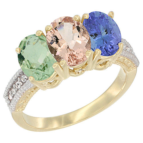 10K Yellow Gold Diamond Natural Green Amethyst, Morganite & Tanzanite Ring 3-Stone Oval 7x5 mm, sizes 5 - 10