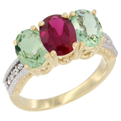 14K Yellow Gold Natural Enhanced Ruby & Natural Green Amethyst Sides Ring 3-Stone 7x5 mm Oval Diamond Accent, sizes 5 - 10