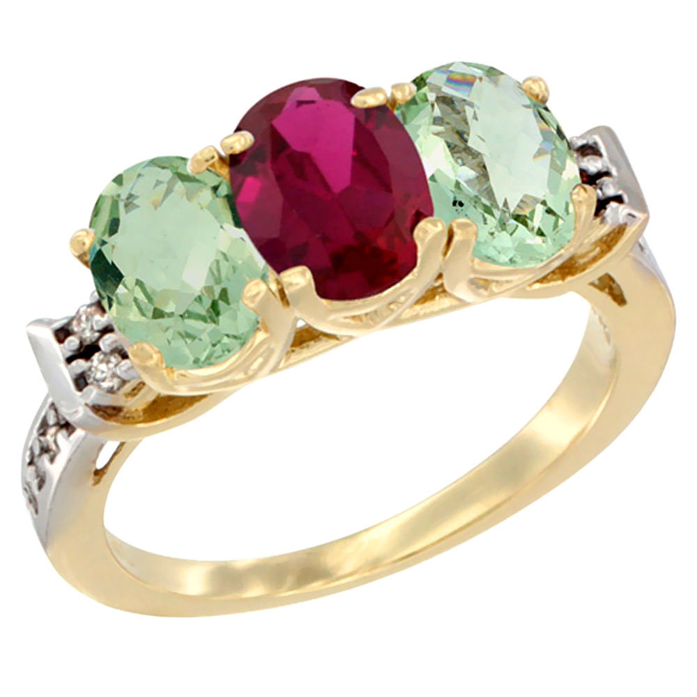 14K Yellow Gold Natural Enhanced Ruby & Natural Green Amethyst Sides Ring 3-Stone 7x5 mm Oval Diamond Accent, sizes 5 - 10