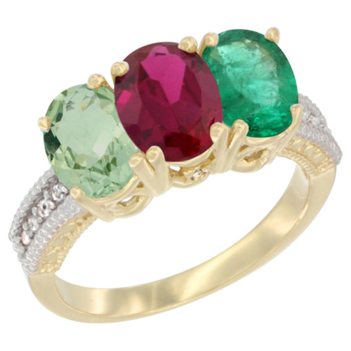 14K Yellow Gold Natural Green Amethyst, Enhanced Ruby & Natural Emerald Ring 3-Stone 7x5 mm Oval Diamond Accent, sizes 5 - 10