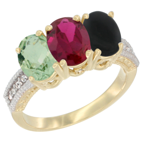 14K Yellow Gold Natural Green Amethyst, Enhanced Ruby & Natural Black Onyx Ring 3-Stone 7x5 mm Oval Diamond Accent, sizes 5 - 10