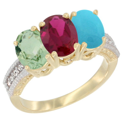 14K Yellow Gold Natural Green Amethyst, Enhanced Ruby & Natural Turquoise Ring 3-Stone 7x5 mm Oval Diamond Accent, sizes 5 - 10