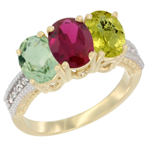 10K Yellow Gold Diamond Natural Green Amethyst, Enhanced Ruby & Natural Lemon Quartz Ring 3-Stone Oval 7x5 mm, sizes 5 - 10