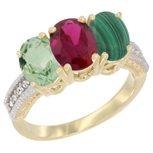 10K Yellow Gold Diamond Natural Green Amethyst, Enhanced Ruby & Natural Malachite Ring 3-Stone Oval 7x5 mm, sizes 5 - 10