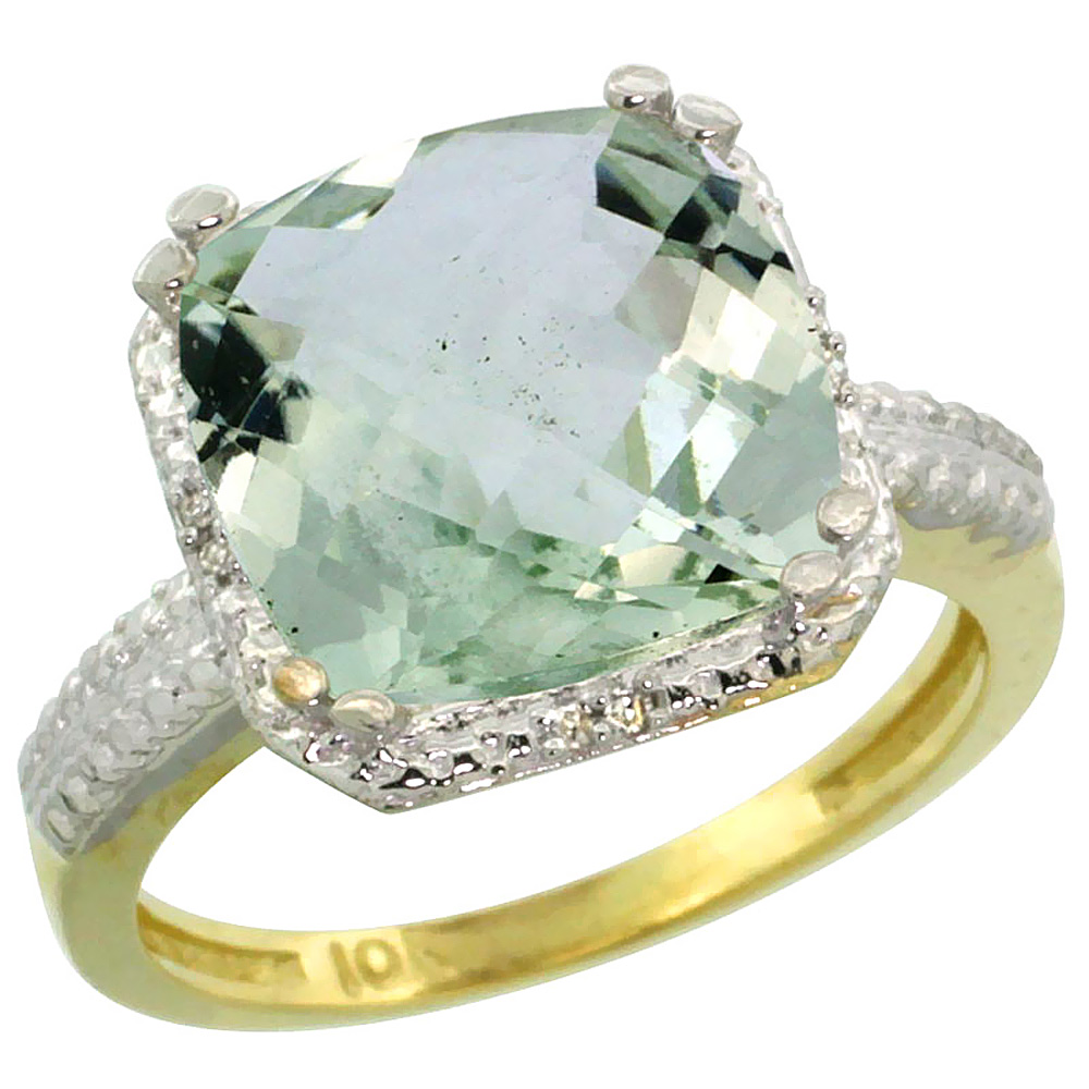 10K Yellow Gold Diamond Genuine Green Amethyst Ring Cushion-cut 11x11mm sizes 5-10