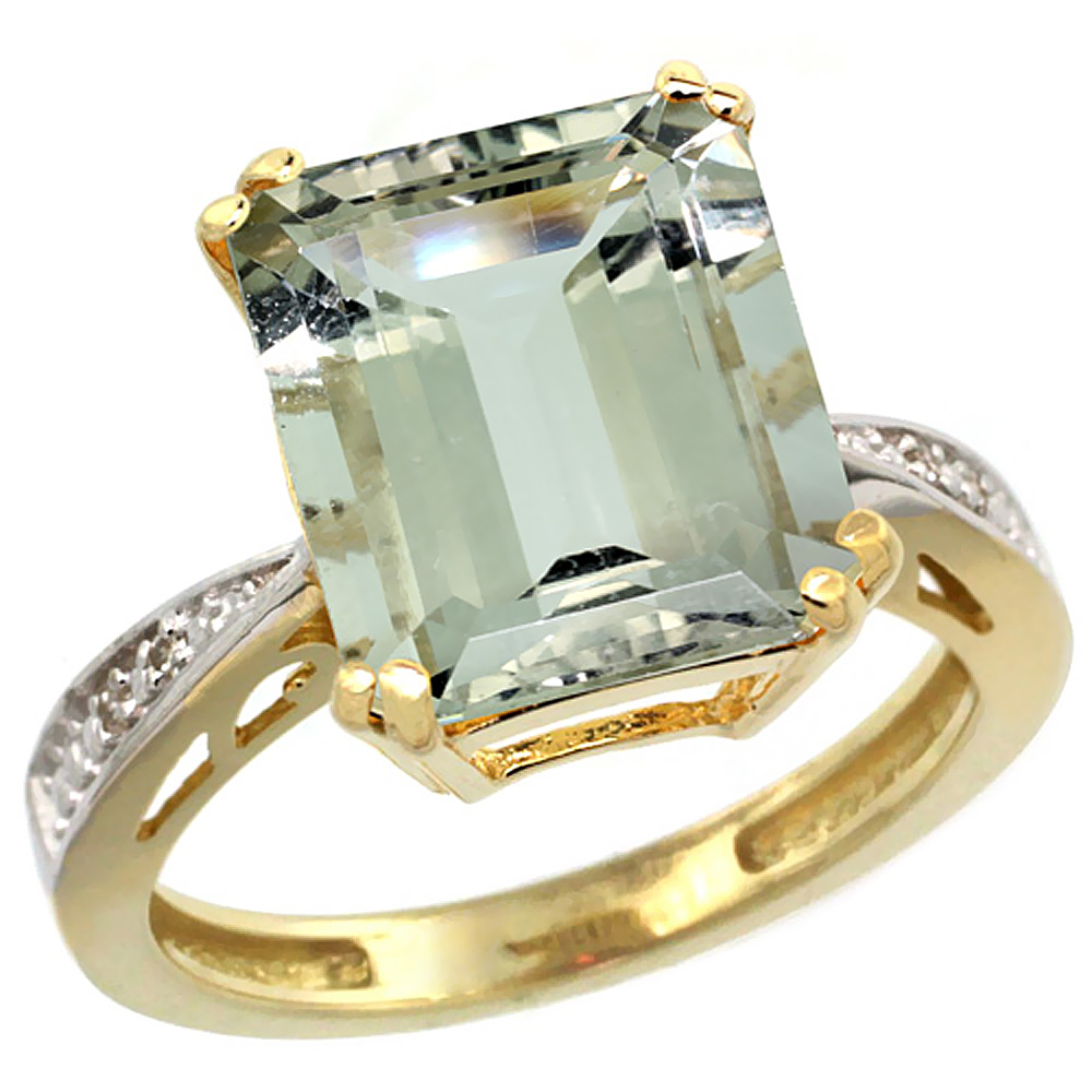 10K Yellow Gold Genuine Diamond Green Amethyst Ring Emerald-cut 12x10mm sizes 5-10