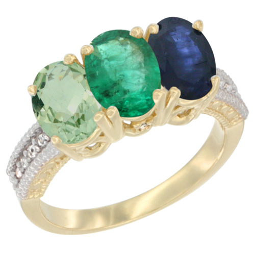14K Yellow Gold Natural Green Amethyst, Emerald & Blue Sapphire Ring 3-Stone 7x5 mm Oval Diamond Accent, sizes 5 - 10