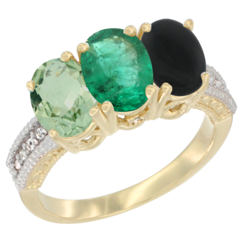 14K Yellow Gold Natural Green Amethyst, Emerald & Black Onyx Ring 3-Stone 7x5 mm Oval Diamond Accent, sizes 5 - 10