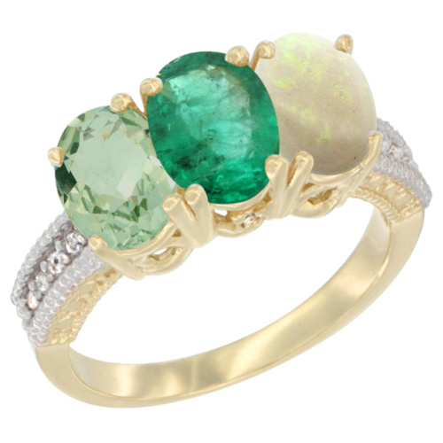 14K Yellow Gold Natural Green Amethyst, Emerald & Opal Ring 3-Stone 7x5 mm Oval Diamond Accent, sizes 5 - 10