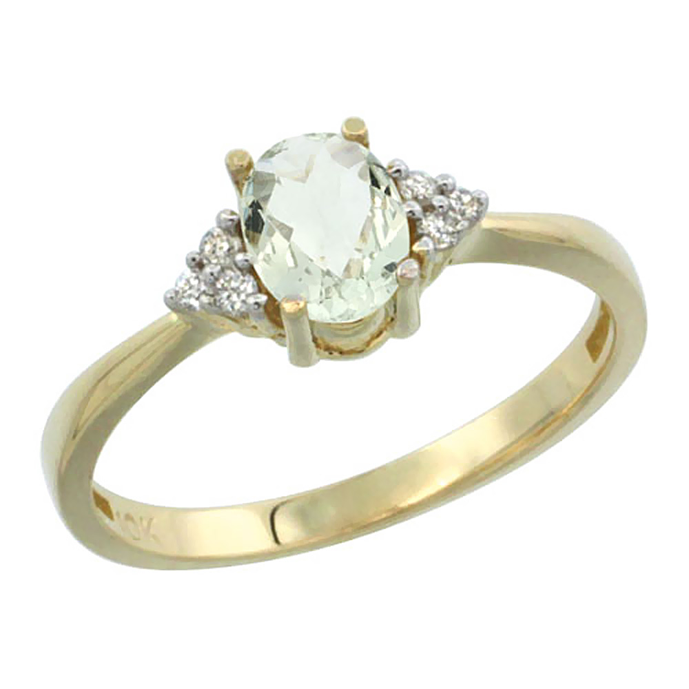 10K Yellow Gold Diamond Genuine Green Amethyst Engagement Ring Oval 7x5mm sizes 5-10