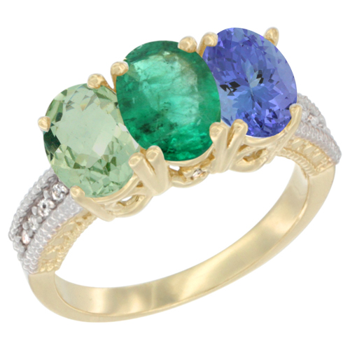 14K Yellow Gold Natural Green Amethyst, Emerald & Tanzanite Ring 3-Stone 7x5 mm Oval Diamond Accent, sizes 5 - 10
