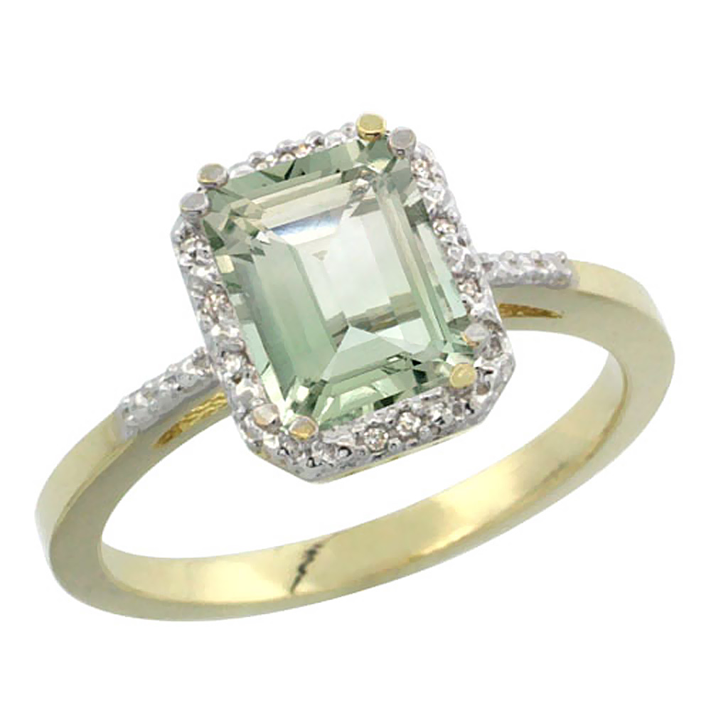 10K Yellow Gold Natural Green Amethyst Ring Emerald-shape 8x6mm Diamond Accent, sizes 5-10
