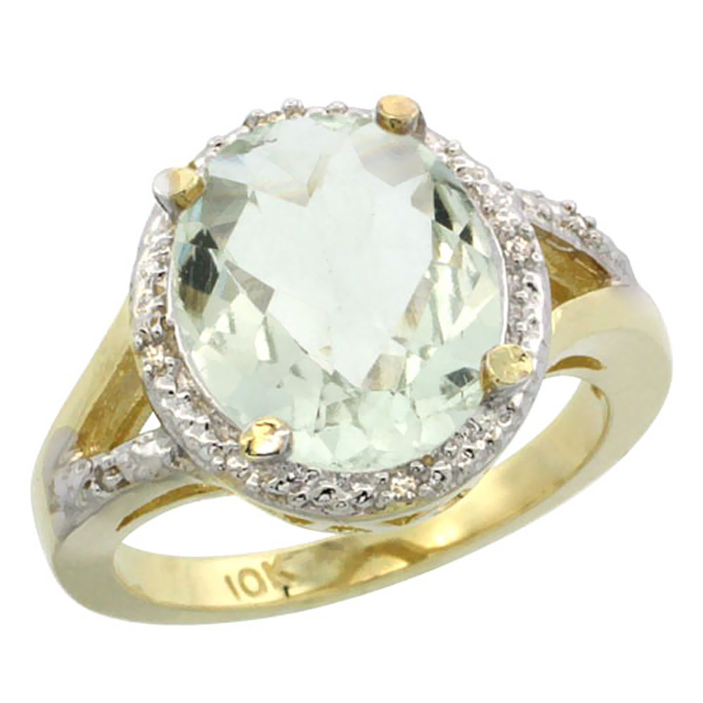 10K Yellow Gold Natural Green Amethyst Ring Oval 12x10mm Diamond Accent, sizes 5-10