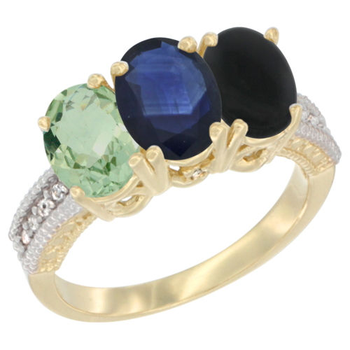 10K Yellow Gold Diamond Natural Green Amethyst, Blue Sapphire & Black Onyx Ring 3-Stone Oval 7x5 mm, sizes 5 - 10