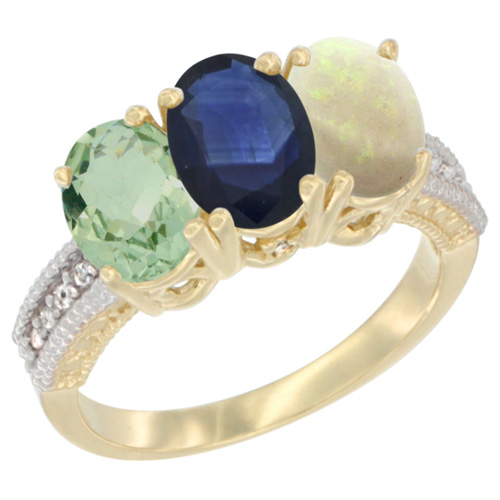 10K Yellow Gold Diamond Natural Green Amethyst, Blue Sapphire & Opal Ring 3-Stone Oval 7x5 mm, sizes 5 - 10
