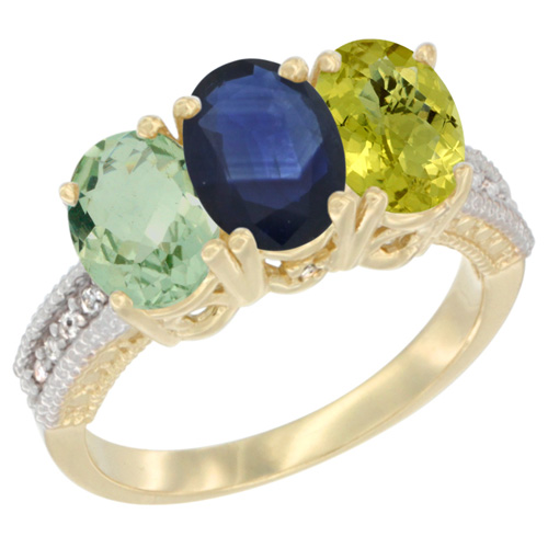 10K Yellow Gold Diamond Natural Green Amethyst, Blue Sapphire & Lemon Quartz Ring 3-Stone Oval 7x5 mm, sizes 5 - 10