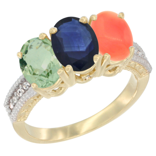10K Yellow Gold Diamond Natural Green Amethyst, Blue Sapphire & Coral Ring 3-Stone Oval 7x5 mm, sizes 5 - 10