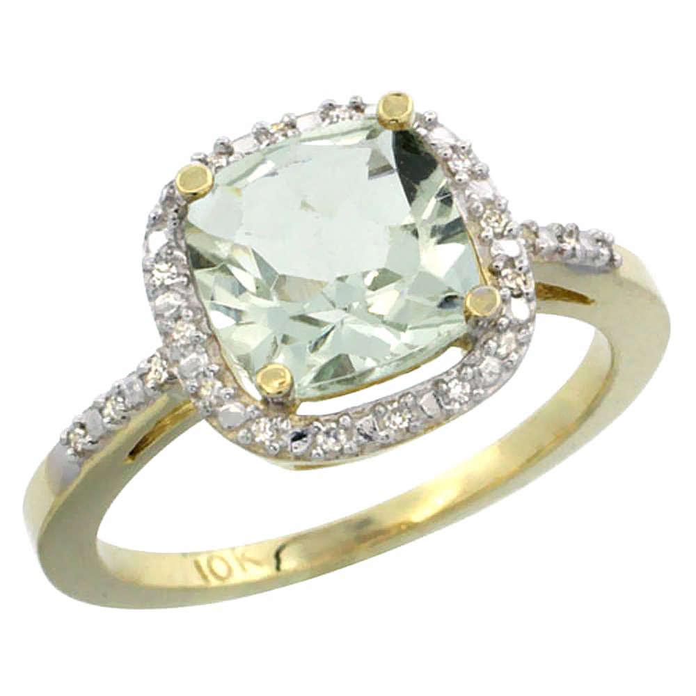 10K Yellow Gold Natural Green Amethyst Ring Cushion-cut 8x8mm Diamond Accent, sizes 5-10