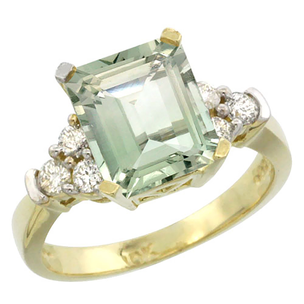 10K Yellow Gold Natural Green Amethyst Ring Octagon 9x7mm Diamond Accent, sizes 5-10
