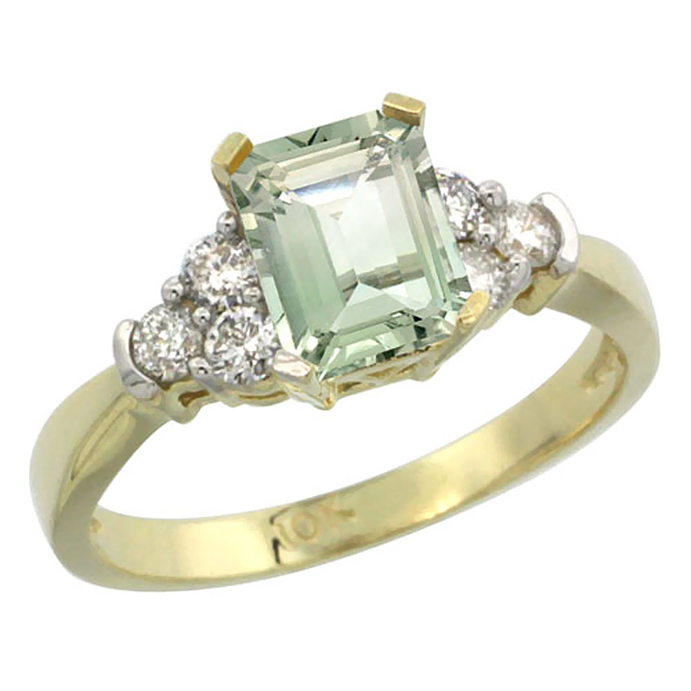 10K Yellow Gold Natural Green Amethyst Ring Octagon 7x5mm Diamond Accent, sizes 5-10