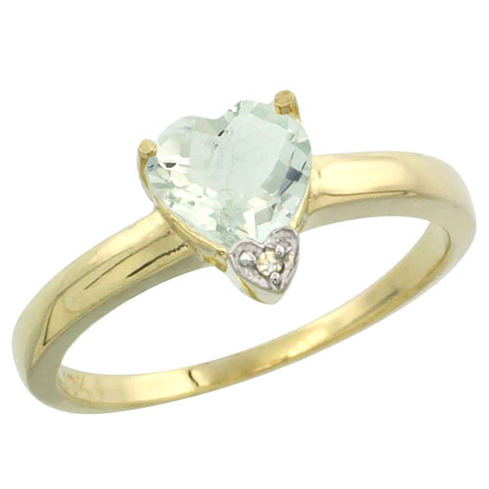 10K Yellow Gold Natural Green Amethyst Heart 7x7mm Diamond Accent, sizes 5-10