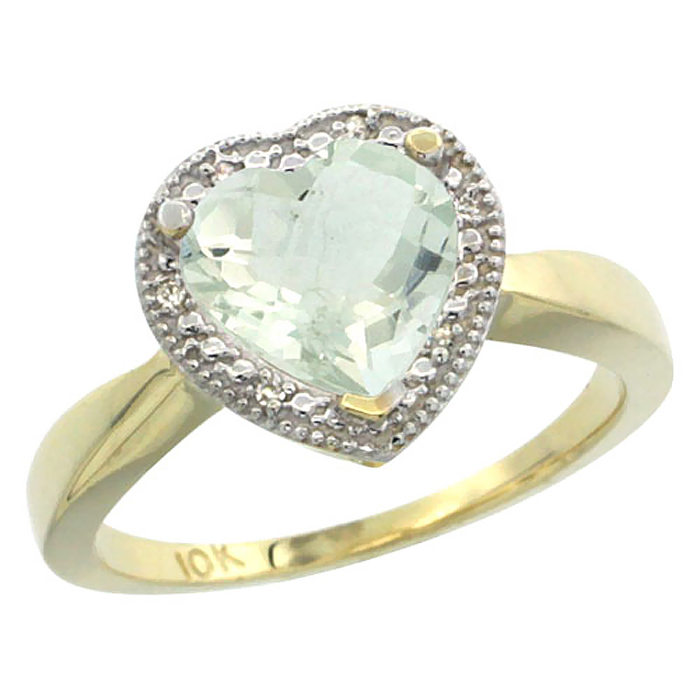 10K Yellow Gold Natural Green Amethyst Ring Heart 8x8mm Diamond Accent, sizes 5-10