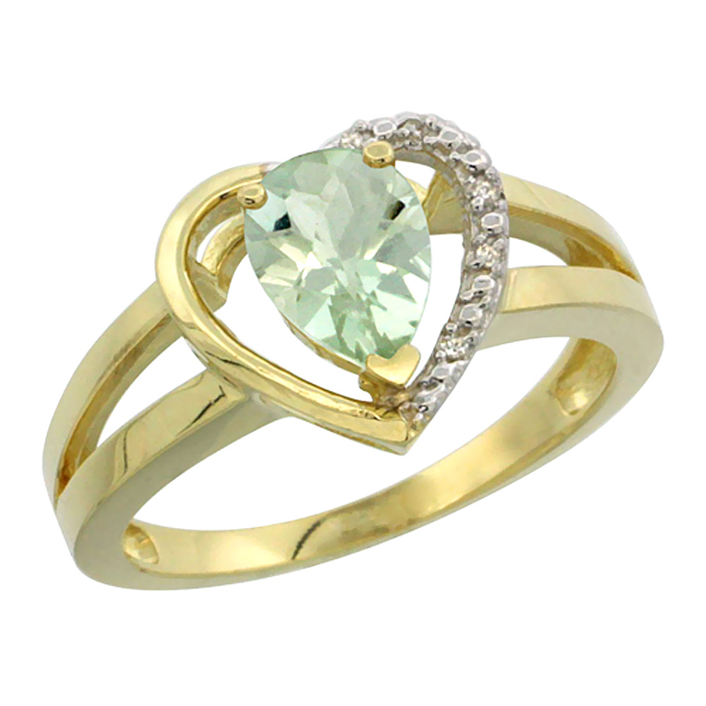 10K Yellow Gold Natural Green Amethyst Heart Ring Pear 7x5 mm Diamond Accent, sizes 5-10