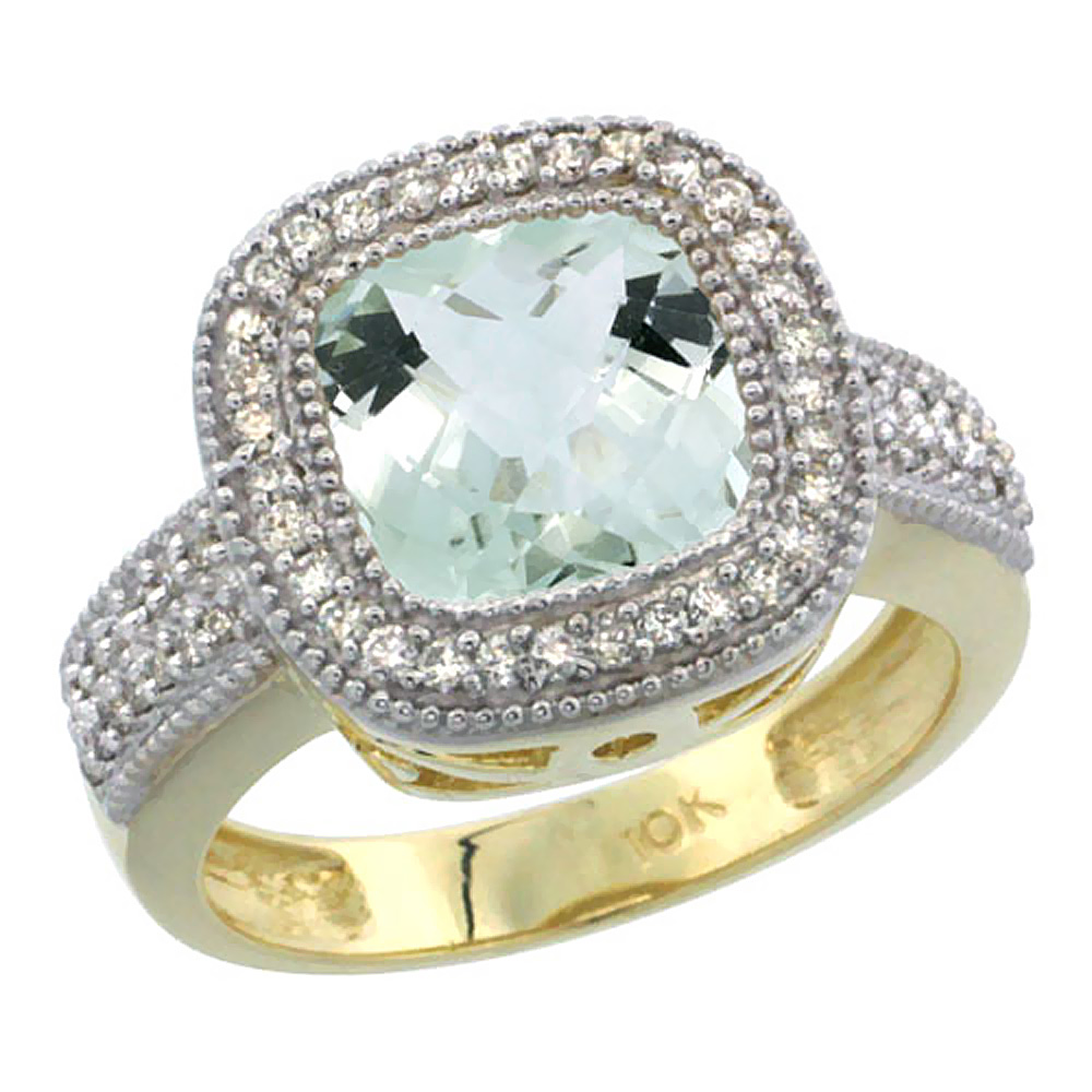 10K Yellow Gold Natural Green-Amethyst Ring Cushion-cut 9x9mm Diamond Accent, sizes 5-10