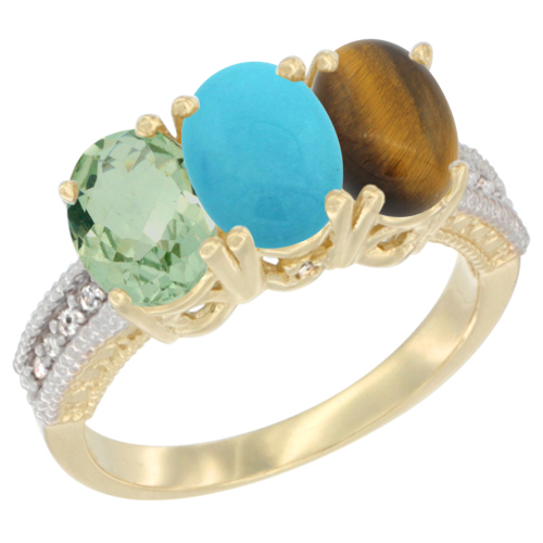 10K Yellow Gold Diamond Natural Green Amethyst, Turquoise & Tiger Eye Ring 3-Stone Oval 7x5 mm, sizes 5 - 10