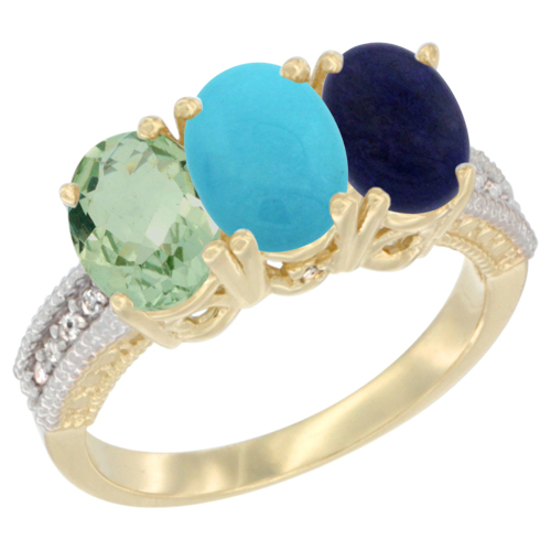 10K Yellow Gold Diamond Natural Green Amethyst, Turquoise & Lapis Ring 3-Stone Oval 7x5 mm, sizes 5 - 10