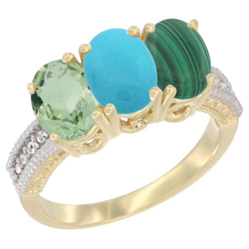 10K Yellow Gold Diamond Natural Green Amethyst, Turquoise & Malachite Ring 3-Stone Oval 7x5 mm, sizes 5 - 10
