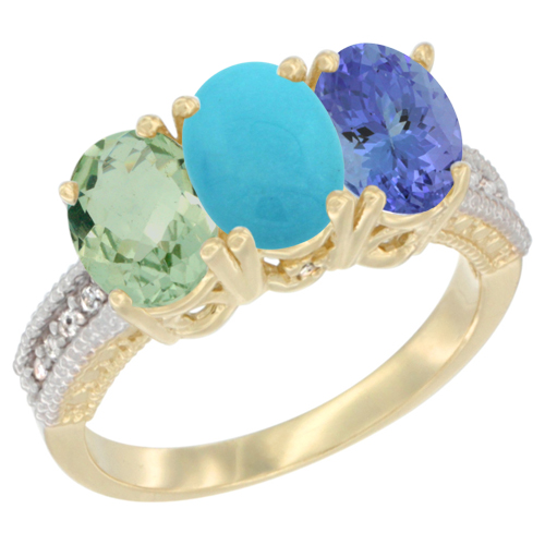 10K Yellow Gold Diamond Natural Green Amethyst, Turquoise & Tanzanite Ring 3-Stone Oval 7x5 mm, sizes 5 - 10