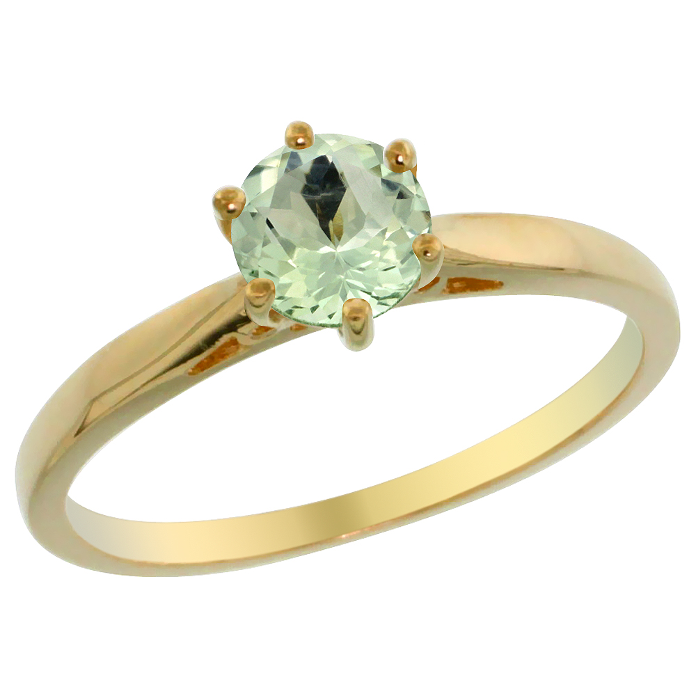 14K Yellow Gold Natural Green Amethyst Solitaire Ring Round 5mm, sizes 5 - 10