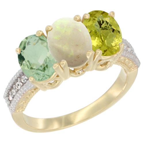 14K Yellow Gold Natural Green Amethyst, Opal & Lemon Quartz Ring 3-Stone 7x5 mm Oval Diamond Accent, sizes 5 - 10