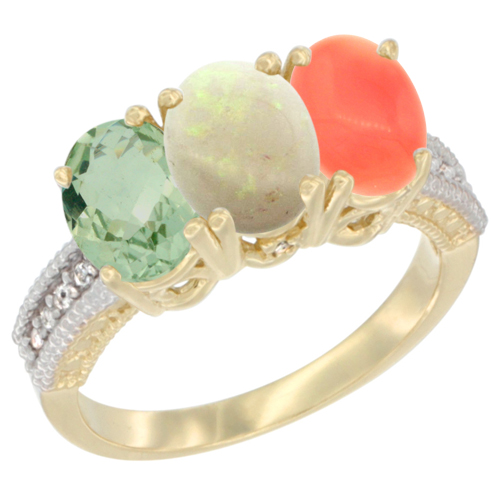 14K Yellow Gold Natural Green Amethyst, Opal & Coral Ring 3-Stone 7x5 mm Oval Diamond Accent, sizes 5 - 10