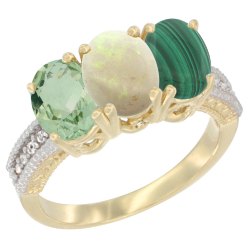 10K Yellow Gold Diamond Natural Green Amethyst, Opal & Malachite Ring 3-Stone Oval 7x5 mm, sizes 5 - 10