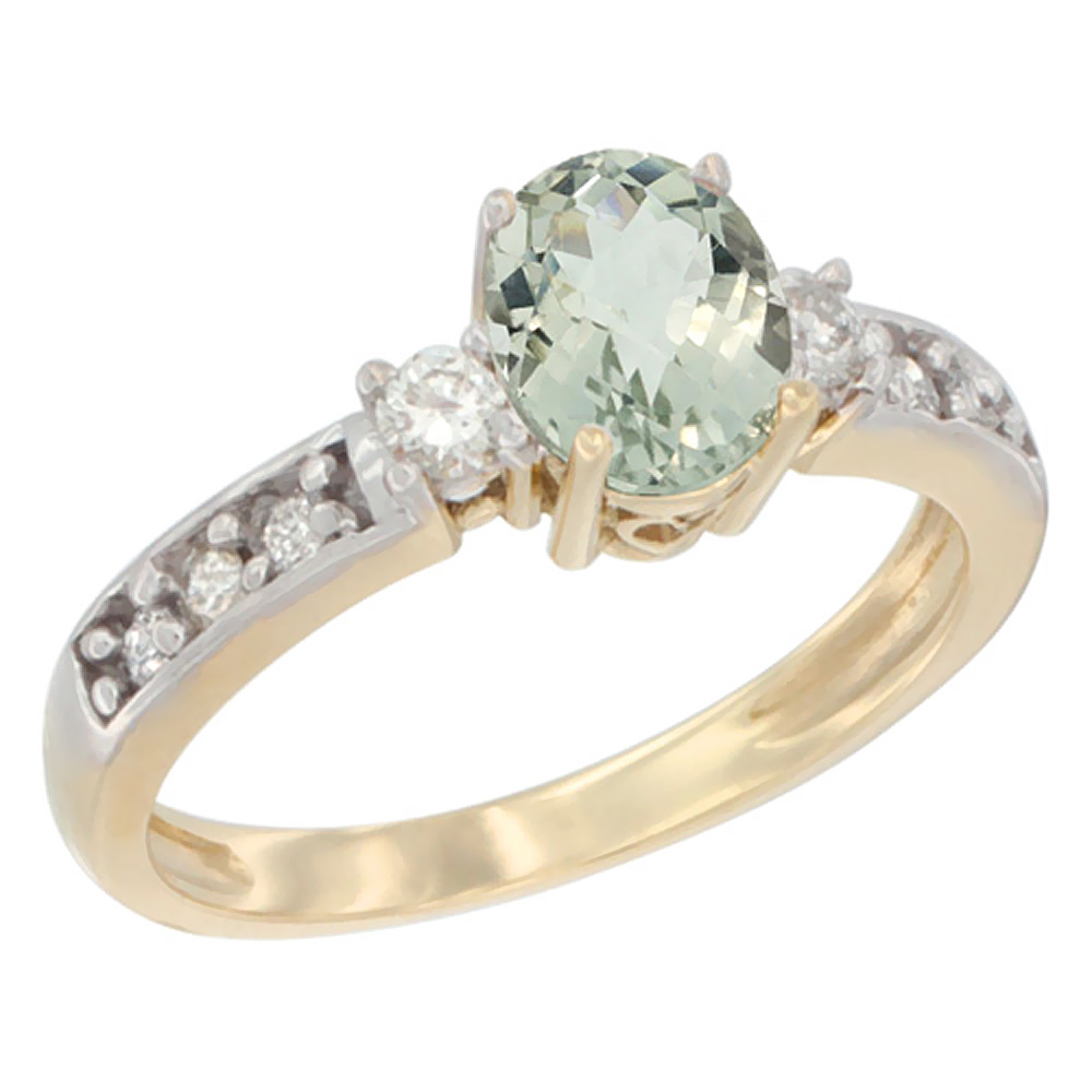 10k Yellow Gold Natural Green Amethyst Ring Oval 7x5 mm Diamond Accent, sizes 5 - 10