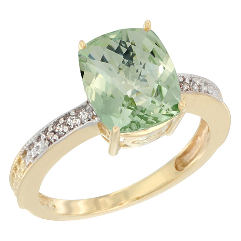 10K Yellow Gold Diamond Cushion 10x8 mm Natural Green Amethyst Stone Ring, sizes 5 - 10