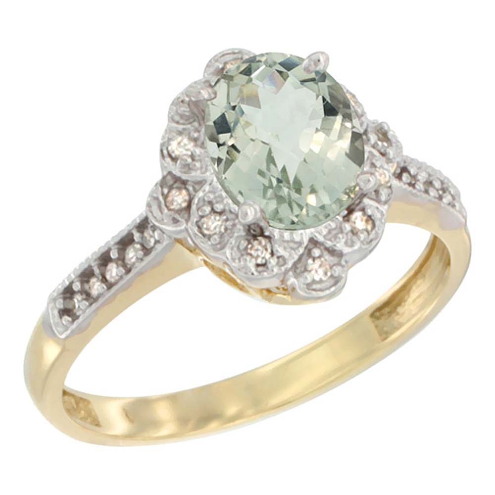 10K Yellow Gold Natural Green Amethyst Ring Oval 8x6 mm Floral Diamond Halo, sizes 5 - 10