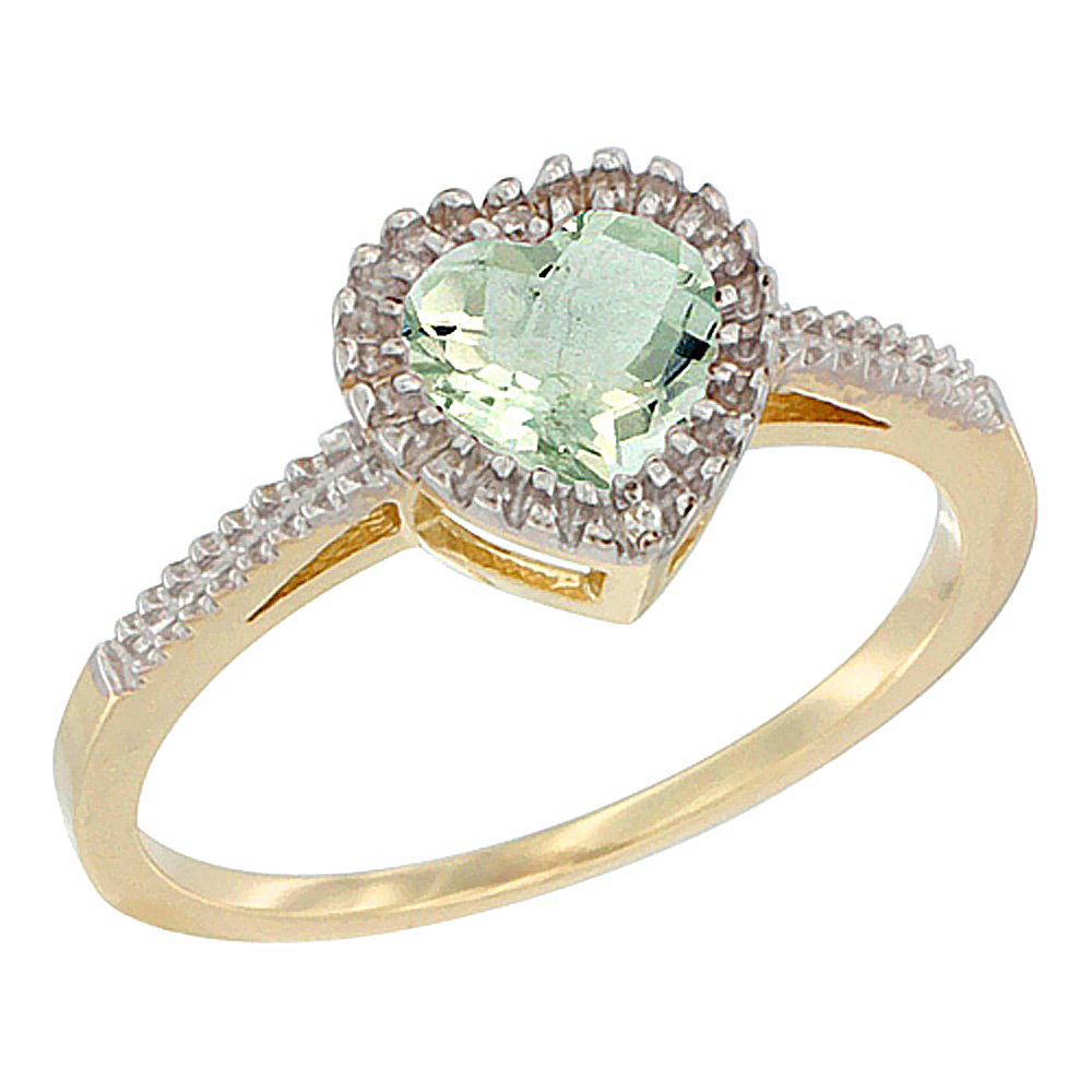 10K Yellow Gold Natural Green Amethyst Ring Heart 6x6 mm, sizes 5 - 10