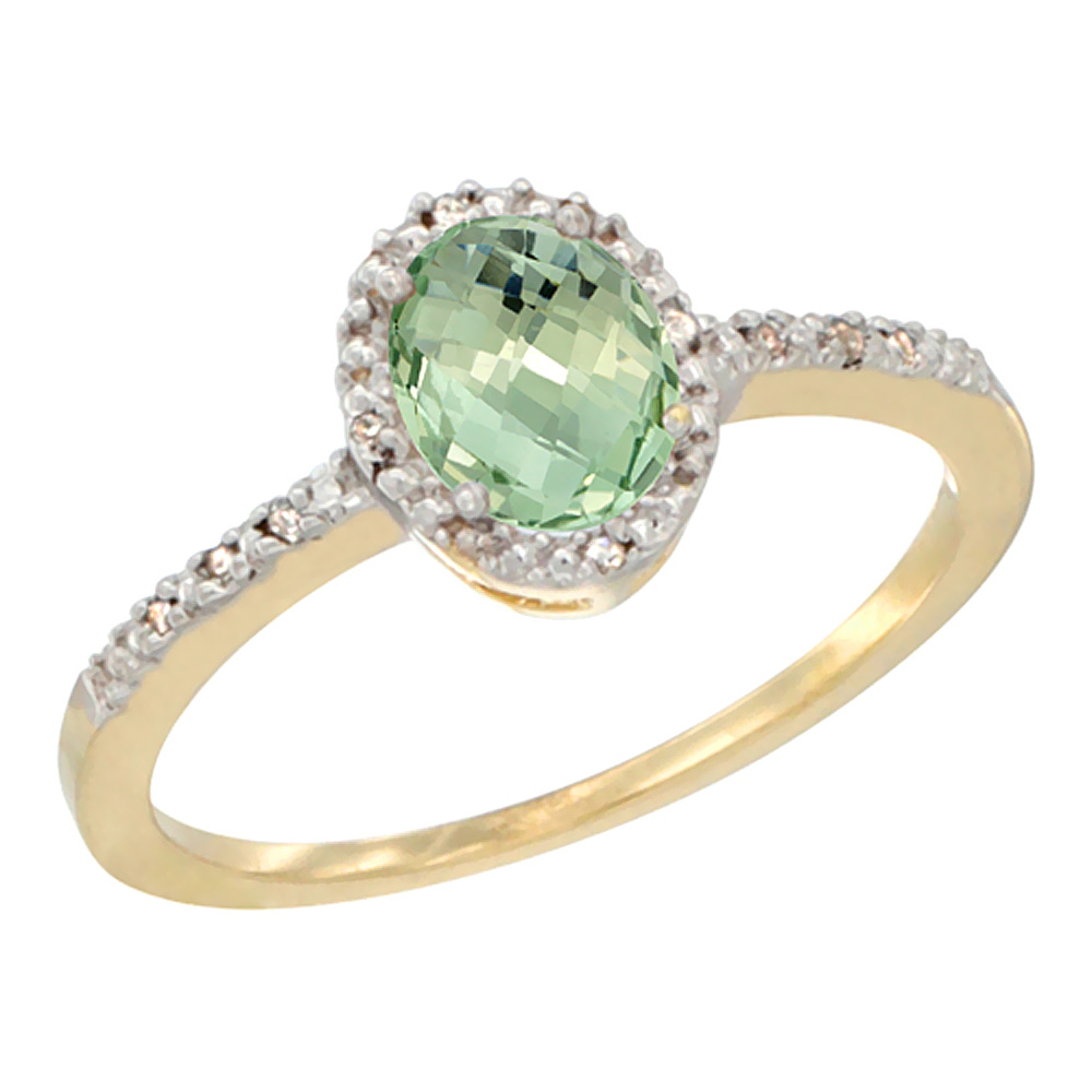 10K Yellow Gold Diamond Natural Green Amethyst Engagement Ring Oval 7x5 mm, sizes 5 - 10