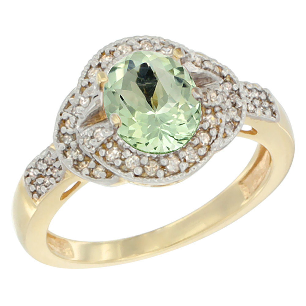 10K Yellow Gold Natural Green Amethyst Ring Oval 8x6 mm Diamond Accent, sizes 5 - 10