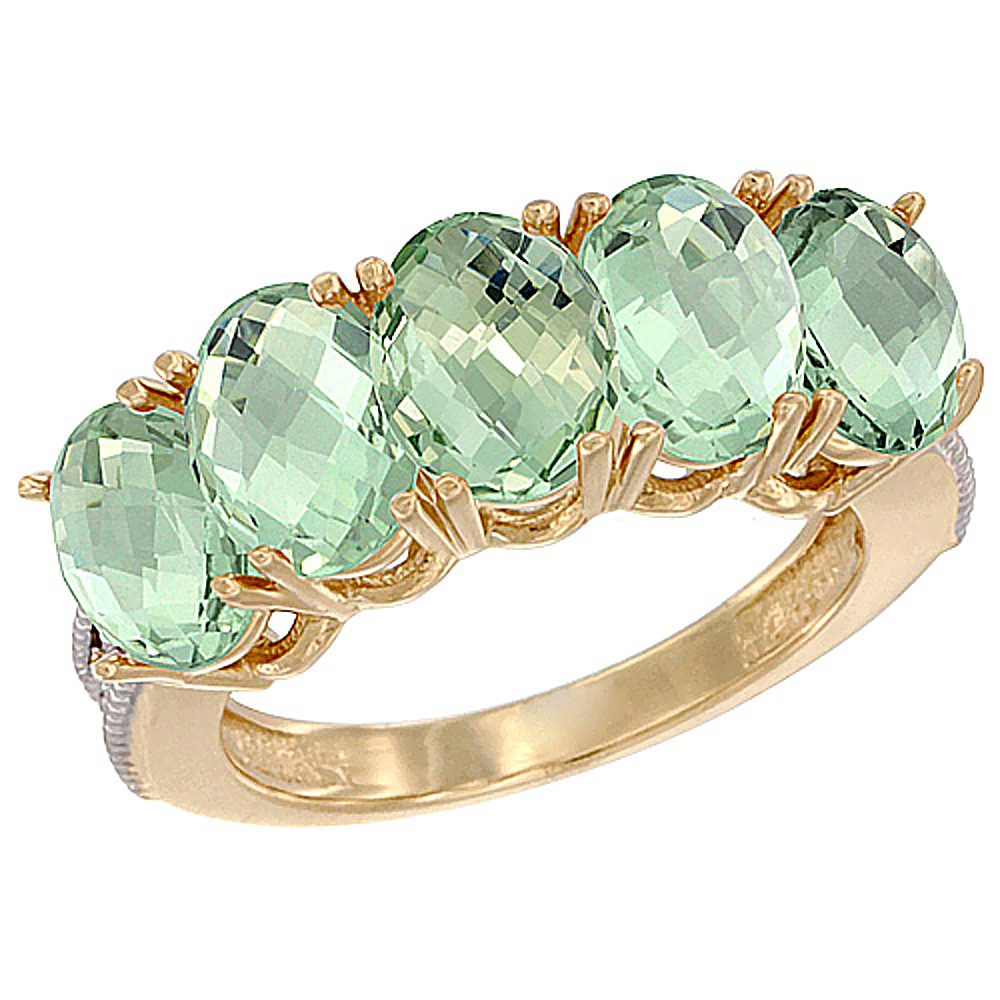 10K Yellow Gold Genuine Green Amethyst 1 ct. Oval 7x5mm 5-Stone Mother's Ring with Diamond Accents sizes 5 to 10 with half sizes