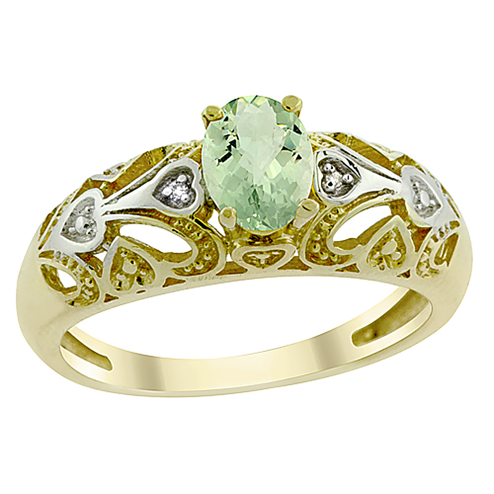 10K Yellow Gold Genuine Green Amethyst Ring Oval 6x4 mm Diamond Accent sizes 5 - 10